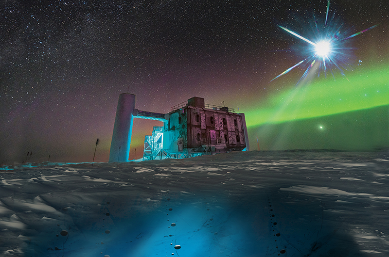 An artist's rendering of a blazer shooting neutrinos down to sensors at the IceCube facility in Antarctica